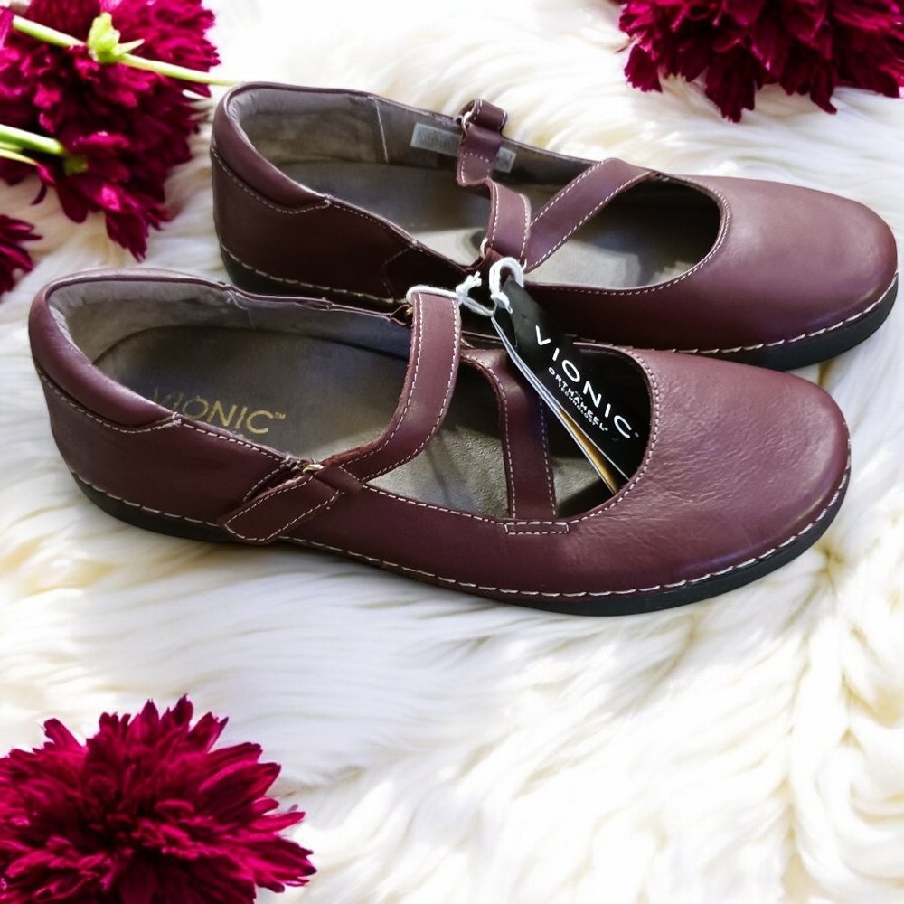 Vionic Judith Burgundy Mary Jane Flat Shoes  Size 8.5  Leather, Orthaheel NWT